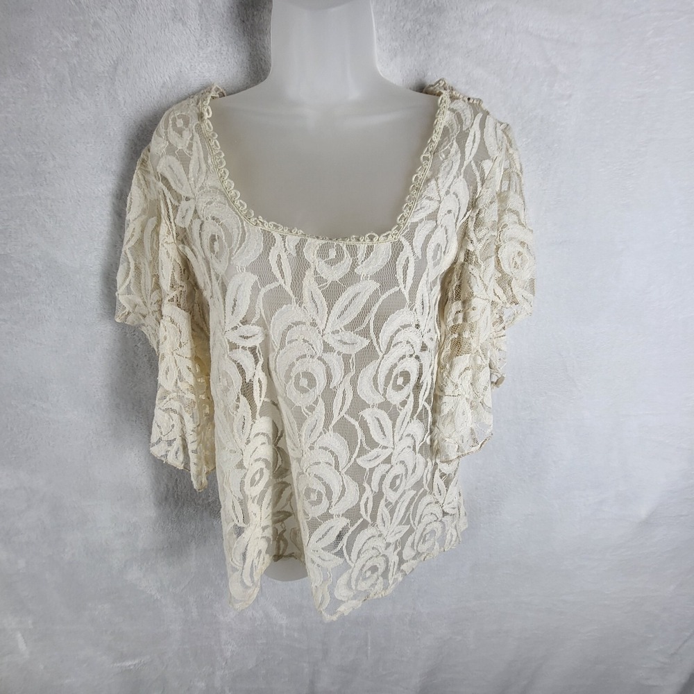 Solitaire Sheer Floral Top Womens L Ivory Boho Retro Romantic Feminine‎ Beach